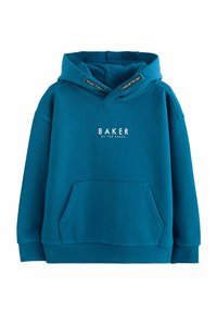 Teal capuchontrui met een voorzak. Bevat de tekst "BAKER" in het wit en "by TED BAKER" daaronder. Zachte stof met een ontspannen pasvorm.