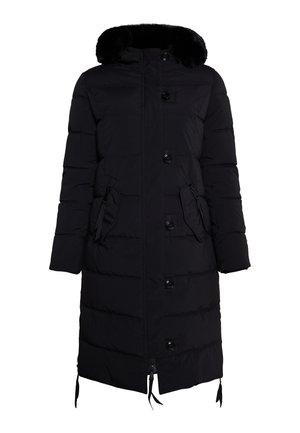 Schwarze Daunenjacke mit einer Kapuze aus Kunstpelz, ausgestattet mit einem Frontreißverschluss, großen Knöpfen und seitlichen Taschen. Strukturiertes, gestepptes Design, knielang.