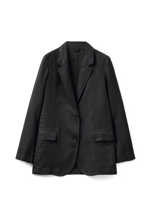 Zwarte linnen blazer met een gelapte kraag, twee vo pockets en twee knopen, met een gladde textuur en een relaxte pasvorm.