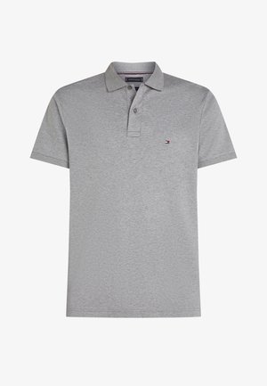 Gray cotton polo shirt with a collar, short sleeves, and a small embroidered logo on the chest. Smooth texture and classic fit.