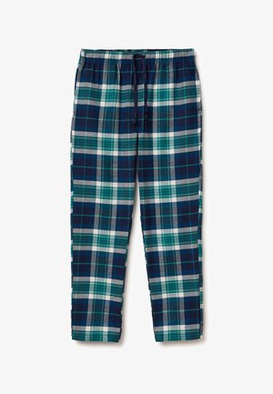Pantalones de lounge a cuadros en azul marino, verde y blanco. Presentan una cinturilla elástica con cordón y una tela ligera y texturada.