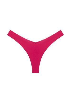 Bright pink seamless thong underwear with a V-shaped waistband, designed for minimal coverage and smooth fit.