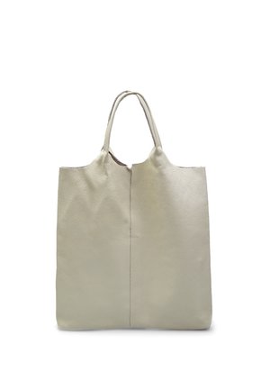Borsa a tracolla in pelle di un beige chiaro, con una superficie texture, due manici e una cucitura centrale. Design semplice e spazioso per un uso versatile.