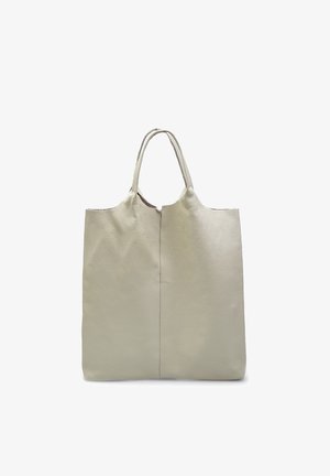 Borsa a tracolla in pelle di un beige chiaro, con una superficie texture, due manici e una cucitura centrale. Design semplice e spazioso per un uso versatile.