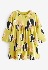 Gelbes Baumwollkleid mit schwarz-weißen Panda-Illustrationen und rosa Blumen. Lange Ärmel mit einem gerafften Rockdesign.