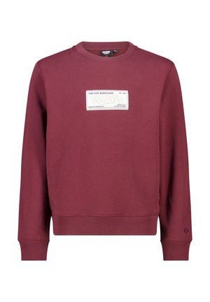 Bordeaux sweatshirt met een ronde hals, ribbelboorden en zoom. Beschikt over een rechthoekig wit grafisch label op de voorkant met tekstdetails.