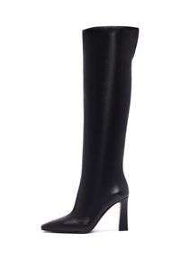 Botte à talon haut noire en cuir lisse. Dotée d'un bout pointu et d'un tige élégante et haute avec un talon carré.