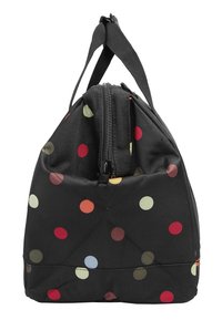Bolso de tela negro con lunares coloridos, cierre superior con cremallera y dos asas cortas, mostrado desde un ángulo lateral.