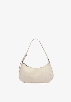 Beige crescent-shaped leather shoulder bag with adjustable strap and top zipper closure, displayed on a white background.