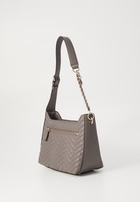 Gray handbag with a chevron quilted pattern, featuring a single adjustable strap and accented with a gold-tone chain detail.