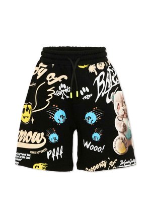 Czarne spodenki z kolorowymi nadrukami graficznymi, w tym pluszowym misiem, niebieskimi planetami, uśmiechniętymi buźkami oraz białym, ręcznie pisanym tekstem i symbolami.