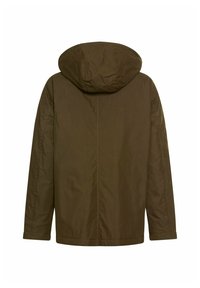Bruine hooded jas met een gladde, licht glanzende textuur. Beschikt over een eenvoudig ontwerp, lange mouwen en een rechte snit aan de onderkant.