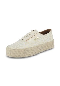 Sneaker in tela beige con sottile stampa leopardata, punta rotonda, suola in juta intrecciata e occhielli metallici per i lacci.