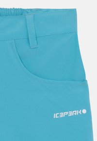 Pantalones cortos turquesa con cintura elástica, bolsillo lateral y logo blanco. Tela suave con un acabado mate y sin patrones visibles.