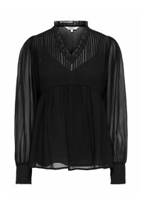 Blouse noire transparente avec manches longues bouffantes, col en V orné de volants, rayures verticales sur le corsage et taille froncée.
