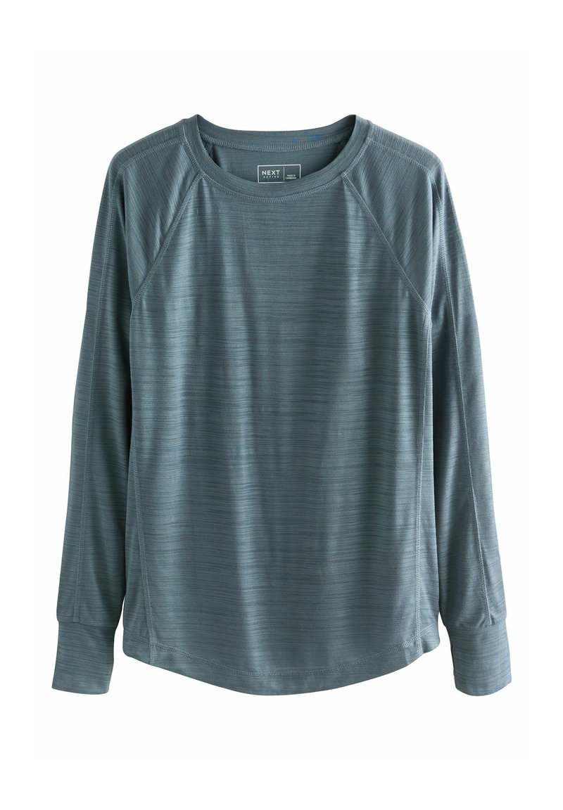 Chemise à manches longues de couleur bleu sarcelle délicat, dotée d'un tissu texturé avec des rayures horizontales et des manches raglan. Encolure ronde, coupe décontractée.