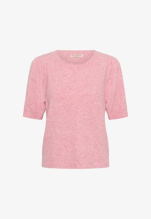 Pink short-sleeve sweater made from soft knitted fabric. Features a round neckline and relaxed fit with ribbed cuffs and hem.