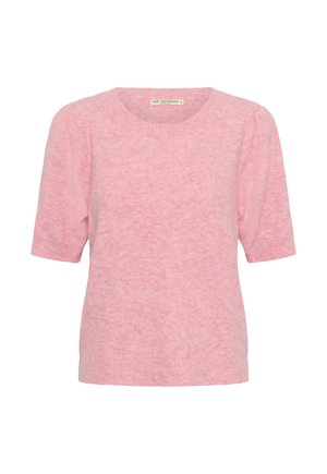 Rosa Pullover mit kurzen Ärmeln aus weichem Strickstoff. Verfügt über einen runden Ausschnitt und eine lockere Passform mit gerippten Bündchen und Saum.