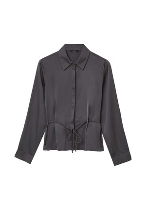 Dark gray, long-sleeve blouse in smooth fabric with a collared neckline, cinched waist, and tie detail at the hem.
