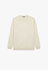 Suéter de manga larga beige hecho de una tela suave, con cuello redondo, puños acanalados y un dobladillo recto. No hay patrones ni acentos visibles.