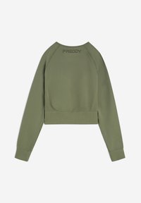 Felpa corta verde oliva con orlo e maniche a costine. Presenta maniche raglan e un logo testurizzato sul retro. Tessuto morbido e liscio.
