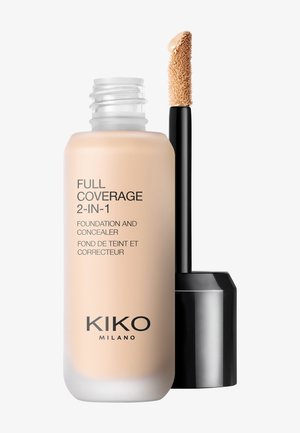 Bottiglia di fondotinta e correttore 2-in-1 Kiko Milano a copertura totale con applicatore a bacchetta che mostra il prodotto liquido beige.
