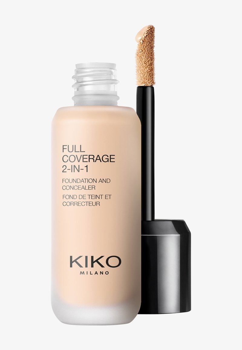 Flacon de fond de teint et correcteur 2-en-1 Kiko Milano à couvrance totale avec applicateur, montrant le produit liquide beige.