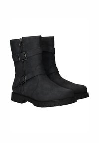 Zwarte laarzen tot halverwege de kuit, gemaakt van gestructureerd suede, met zijritsen, twee decoratieve banden met gespen en een robuuste zool.