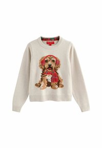 Šviesiai rudas megztinis su ilgomis rankovėmis ir apvaliu kaklu, su išsiuvinėtu šunimi raudonais ausinukais ir šaliku priekyje. Ribuotas apatinis kraštas ir rankogaliai.