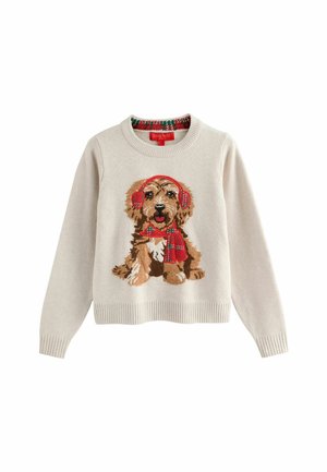 Beiger Pullover mit langen Ärmeln und rundem Ausschnitt, auf der Vorderseite mit einem gestickten Hund in roten Kopfhörern und Schal. Geripptes Saum- und Ärmelbündchen.