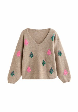 PETITE FIT - LONG SLEEVE CHRISTMAS   - Jumper - v neck neutral multi tree