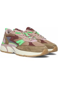 Tan and brown suede sneakers with mesh panels. Features neon green accents and laces, thick white midsole, and textured rubber outsole.