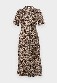 Šviesiai ruda suvyniota suknelė su juodu leopardų raštu. Yra apykaklė, trumpomis rankovėmis ir surišta juosmeniu. Pagaminta iš minkštos, laisvai krentančios medžiagos.