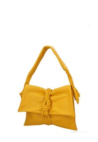 Borsa a tracolla gialla in pelle con design a fiocco annodato. Texture liscia, forma piatta e manico morbido e curvato per il trasporto.