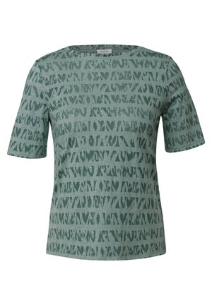 Short-sleeve t-shirt in soft, green fabric featuring a textured, abstract pattern in darker green. Crew neck design with a relaxed fit.