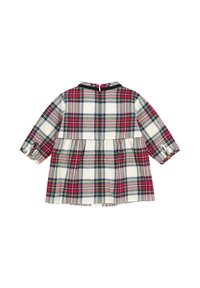 Kariertes Kleid mit langen Ärmeln in Rot, Grün und Marineblau auf hellem Hintergrund. Mit plissiertem Rockteil und schwarzem Kragenakzent.