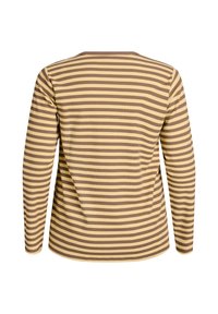 Długą rękaw bluzka z widokiem od tyłu, przedstawiająca pionowy wzór w paski w kolorze żółtym i brązowym. Wykonana z materiału w prążki, okrągły dekolt, regularny krój.