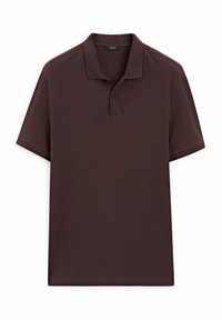 Koszulka polo z krótkim rękawem w ciemnym brązie, wykonana z gładkiego materiału. Posiada klasyczny kołnierzyk oraz dwukierunkowe zapięcie na dwa guziki z przodu.