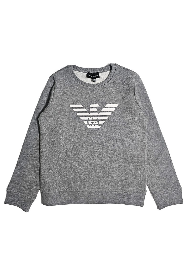Felpa grigia in materiale morbido, con colletto rotondo e polsi a coste, decorata con un logo bianco sul davanti in un design con ali.
