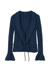 Cardigan en tricot côtelé bleu marine avec manches longues, col châle, deux poches avant et fermeture à nouer devant.