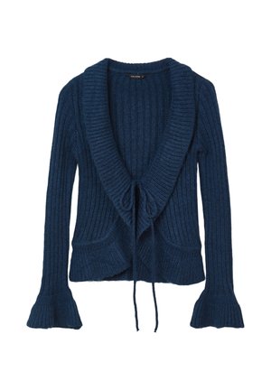 Cardigan a coste di colore blu navy con maniche lunghe, colletto sciallato, due tasche anteriori e chiusura con laccio davanti.