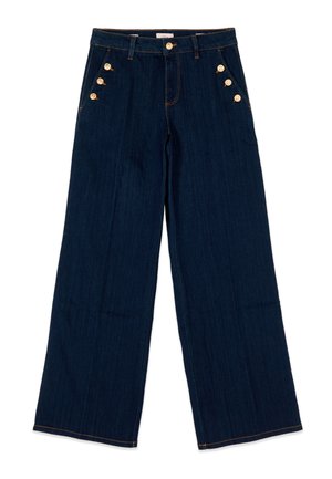 Jeans a vita alta, a gamba larga, blu scuro con sei bottoni dorati, tre su ciascuna tasca frontale, e cuciture a contrasto arancioni.