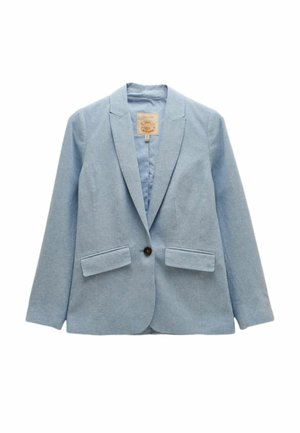 Hellblauer Ein-Knopf-Blazer mit Kerbkragen, zwei vorderen Pattentaschen und einem glatten Innenfutter.
