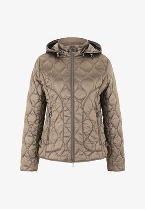 Leichtgewichtige, gesteppte Jacke in Khaki mit Kapuze, Frontreißverschluss, zwei Seitentaschen und dekorativen Paspeln entlang der Nähte.