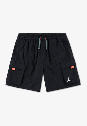 Black elastic-waist cargo shorts with two flap pockets, patterned drawstrings, orange tabs on pockets, and white Jumpman logo on left leg.