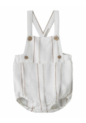 Hvid babyromper med tynde lodrette beige striber, træknapper og krydsede skulderstropper.