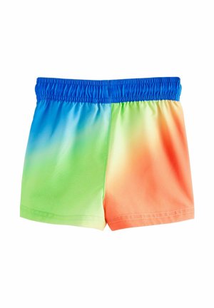 Colorful swim shorts featuring a gradient design from blue at the waistband to green and orange. Made of smooth, lightweight fabric.