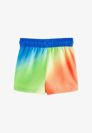 Pestrofarebné plavky s gradientovým dizajnom prechádzajúcim z modrej farby v páse do zelenej a oranžovej. Vyrobené z hladkej, ľahkej tkaniny.