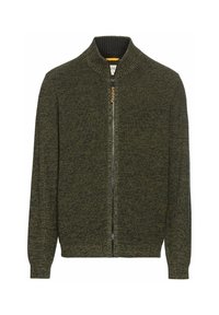 Strick- und Reißverschluss-Pullover in dunklem Grün und Schwarz, mit hohem geripptem Kragen und enganliegenden Bündchen sowie einer strukturierten Oberfläche.