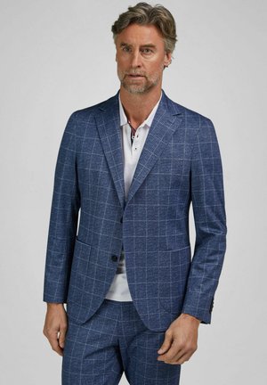 Mann mit grauen Haaren und Bart, der einen blau karierten Anzug und ein weißes Poloshirt trägt, vor einem schlichten grauen Hintergrund stehend.